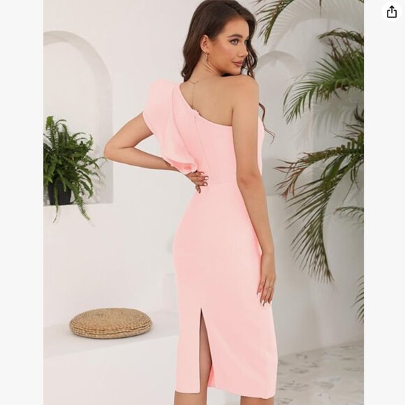 Baosuu One Shoulder Ruffle Ruched Slit Bodycon Cocktail Dress (Pink, XL) - Picture 2 of 5